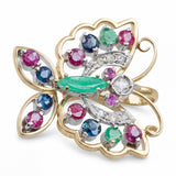 Vintage 14k Yellow Gold Diamond Sapphire Ruby and Emerald Butterfly Pendant