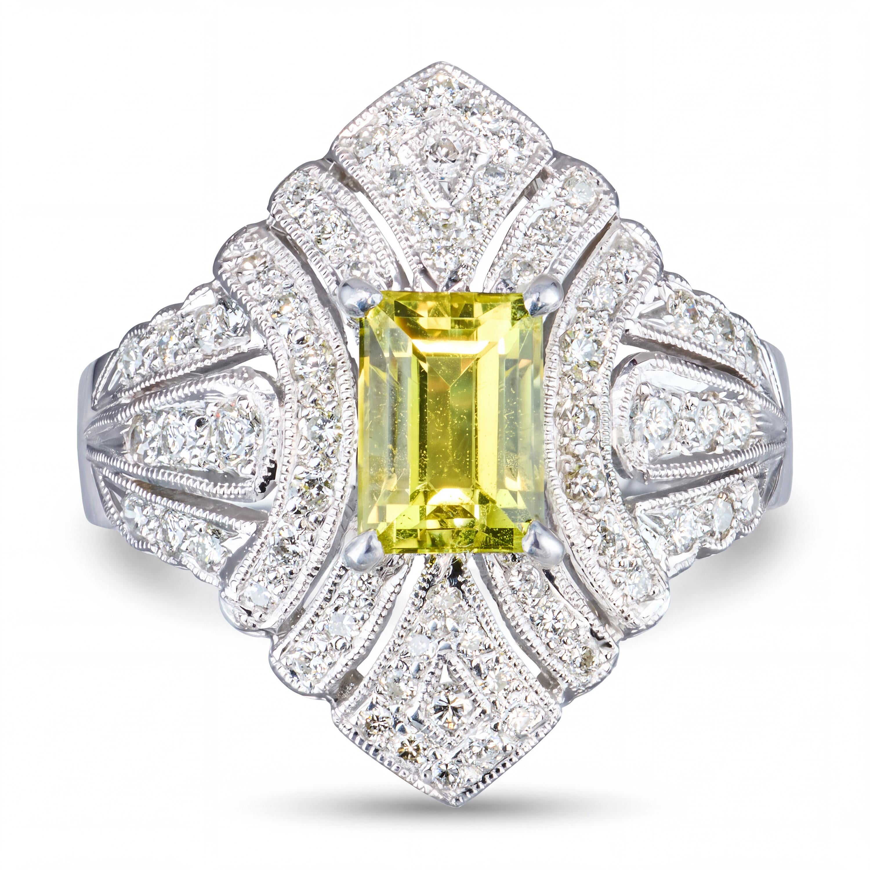 Vintage White Gold Neon Chartreuse Chrysoberyl & Diamond Openwork Ring