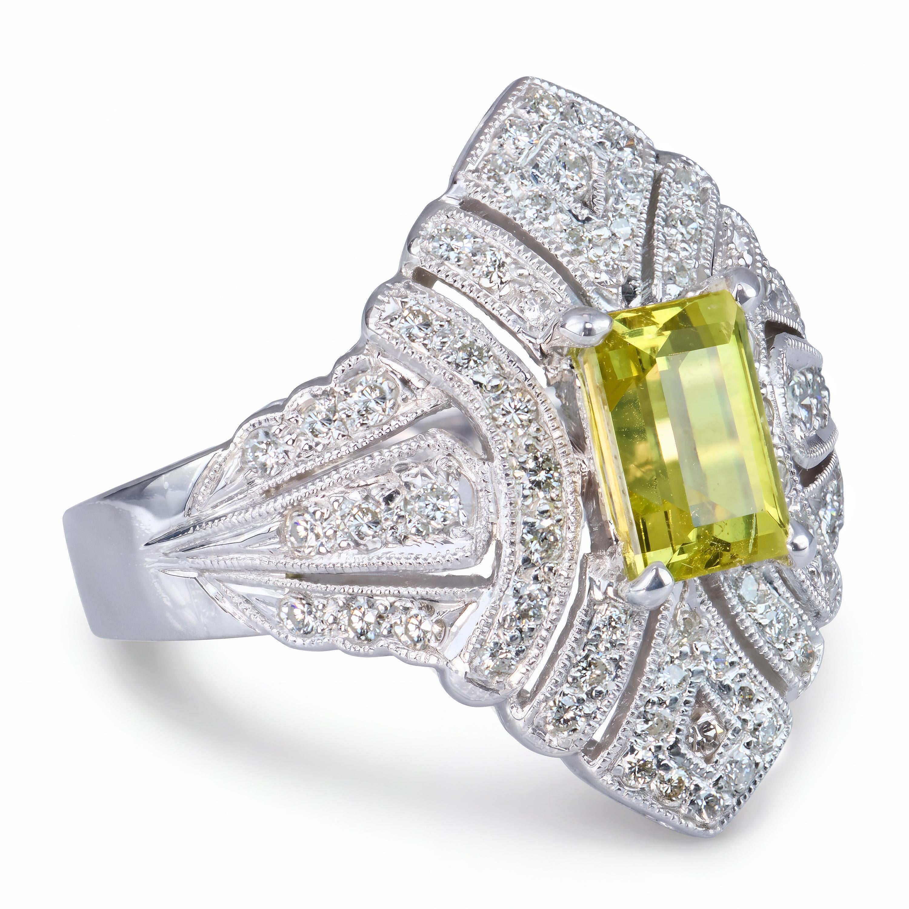 Vintage White Gold Neon Chartreuse Chrysoberyl & Diamond Openwork Ring