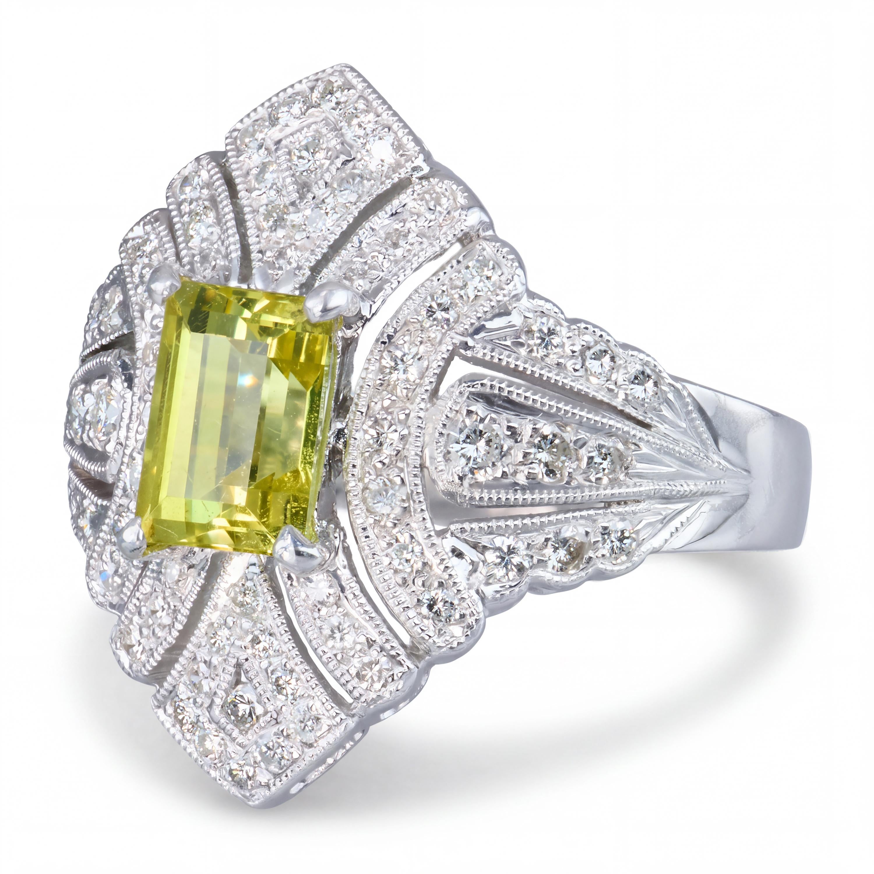 Vintage White Gold Neon Chartreuse Chrysoberyl & Diamond Openwork Ring