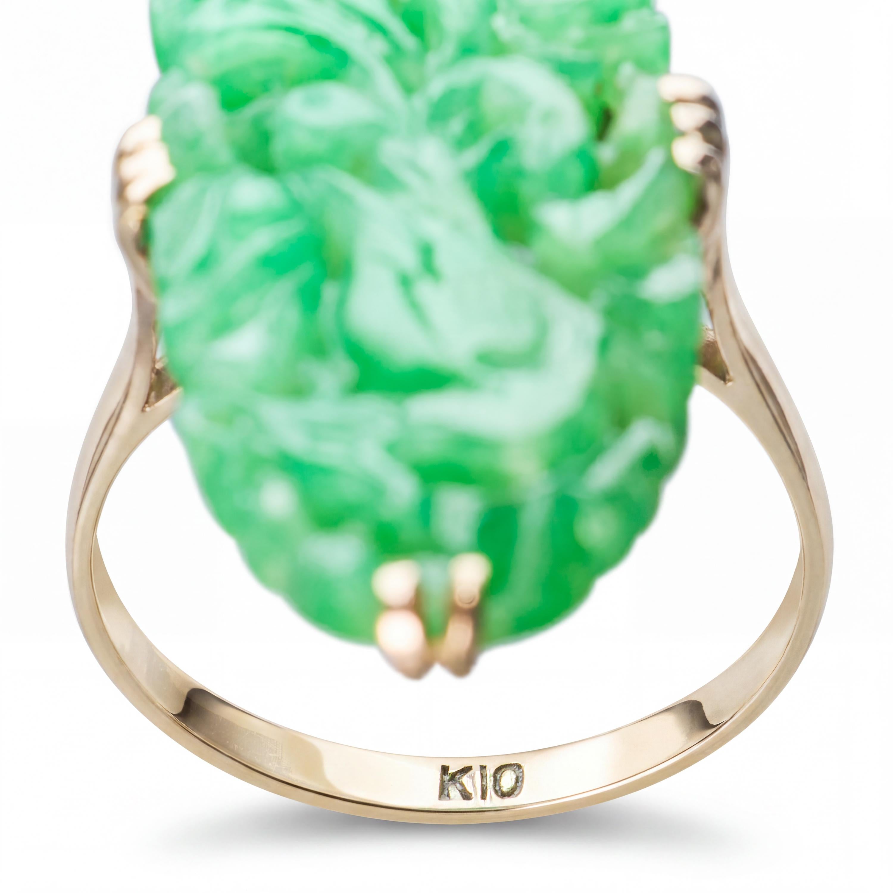 Vintage 10k Yellow Gold Carved Bird Jadeite Jade Ring
