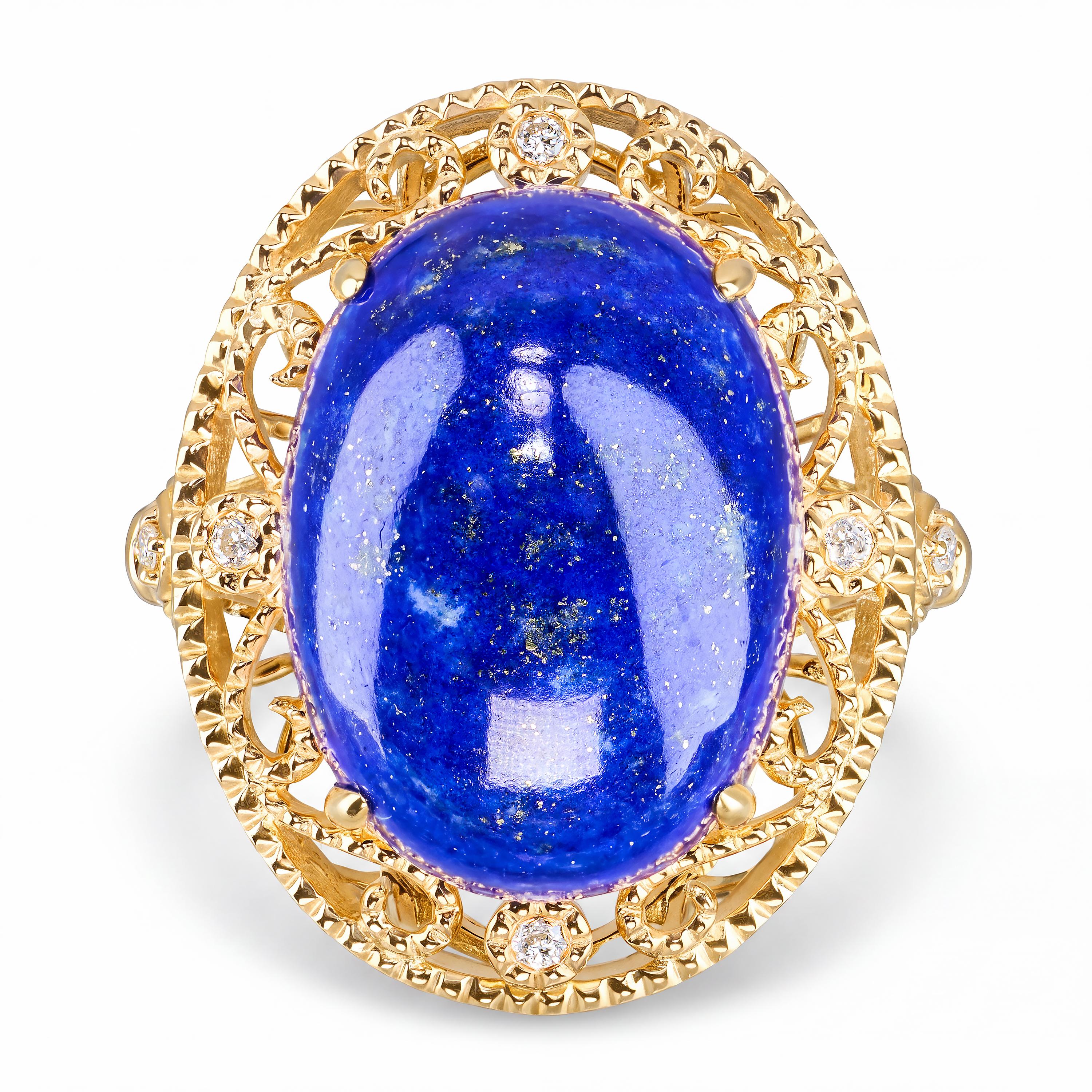 Vintage 14k Yellow Gold Lapis Lazuli Cabochon and Diamond Ornamental Ring