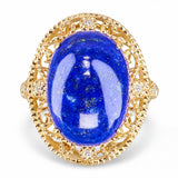 Vintage 14k Yellow Gold Lapis Lazuli Cabochon and Diamond Ornamental Ring