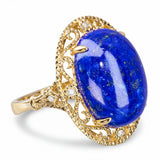 Vintage 14k Yellow Gold Lapis Lazuli Cabochon and Diamond Ornamental Ring