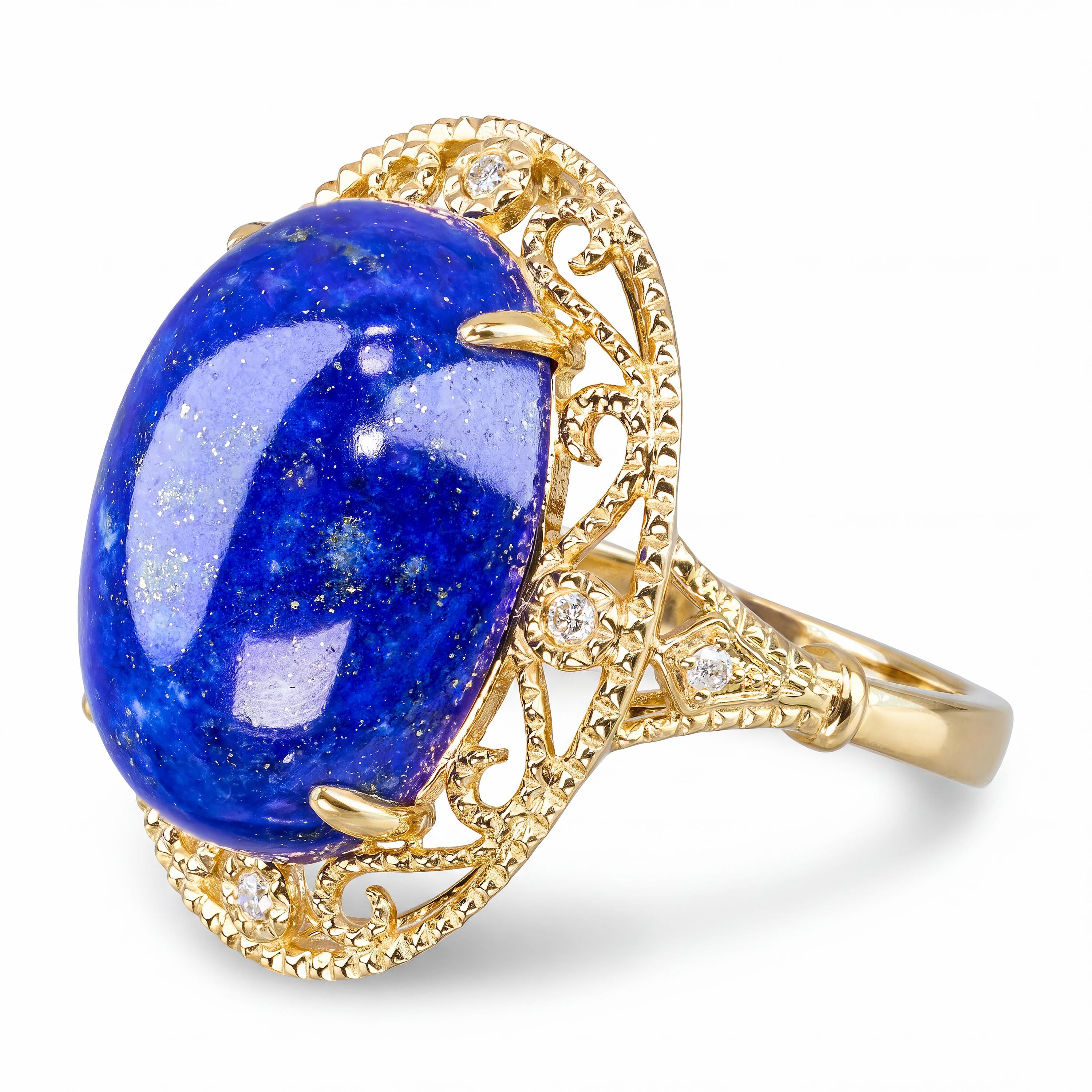 Vintage 14k Yellow Gold Lapis Lazuli Cabochon and Diamond Ornamental Ring