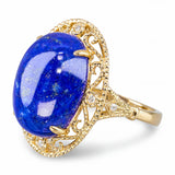 Vintage 14k Yellow Gold Lapis Lazuli Cabochon and Diamond Ornamental Ring