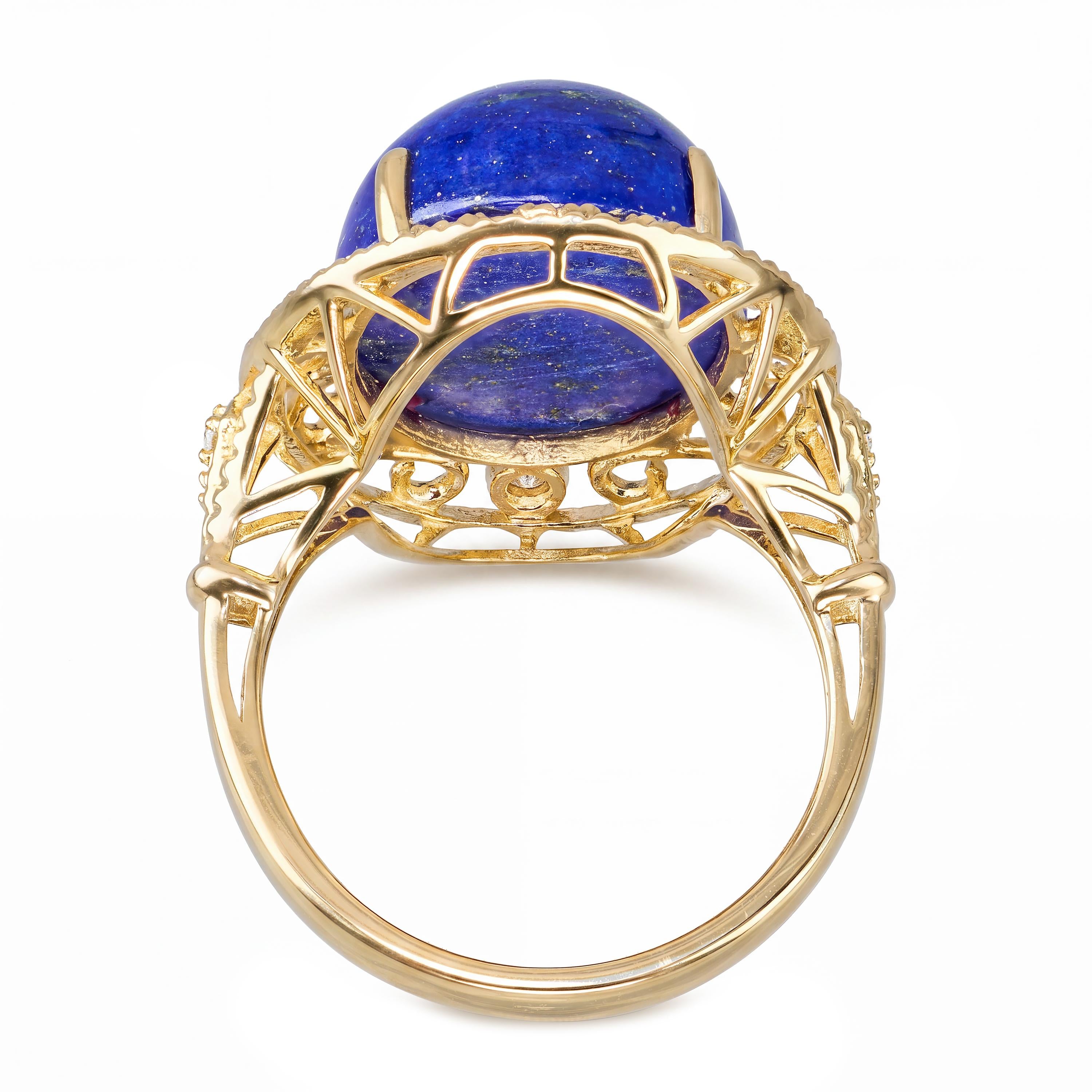 Vintage 14k Yellow Gold Lapis Lazuli Cabochon and Diamond Ornamental Ring