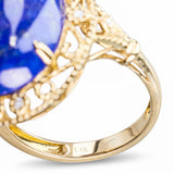 Vintage 14k Yellow Gold Lapis Lazuli Cabochon and Diamond Ornamental Ring