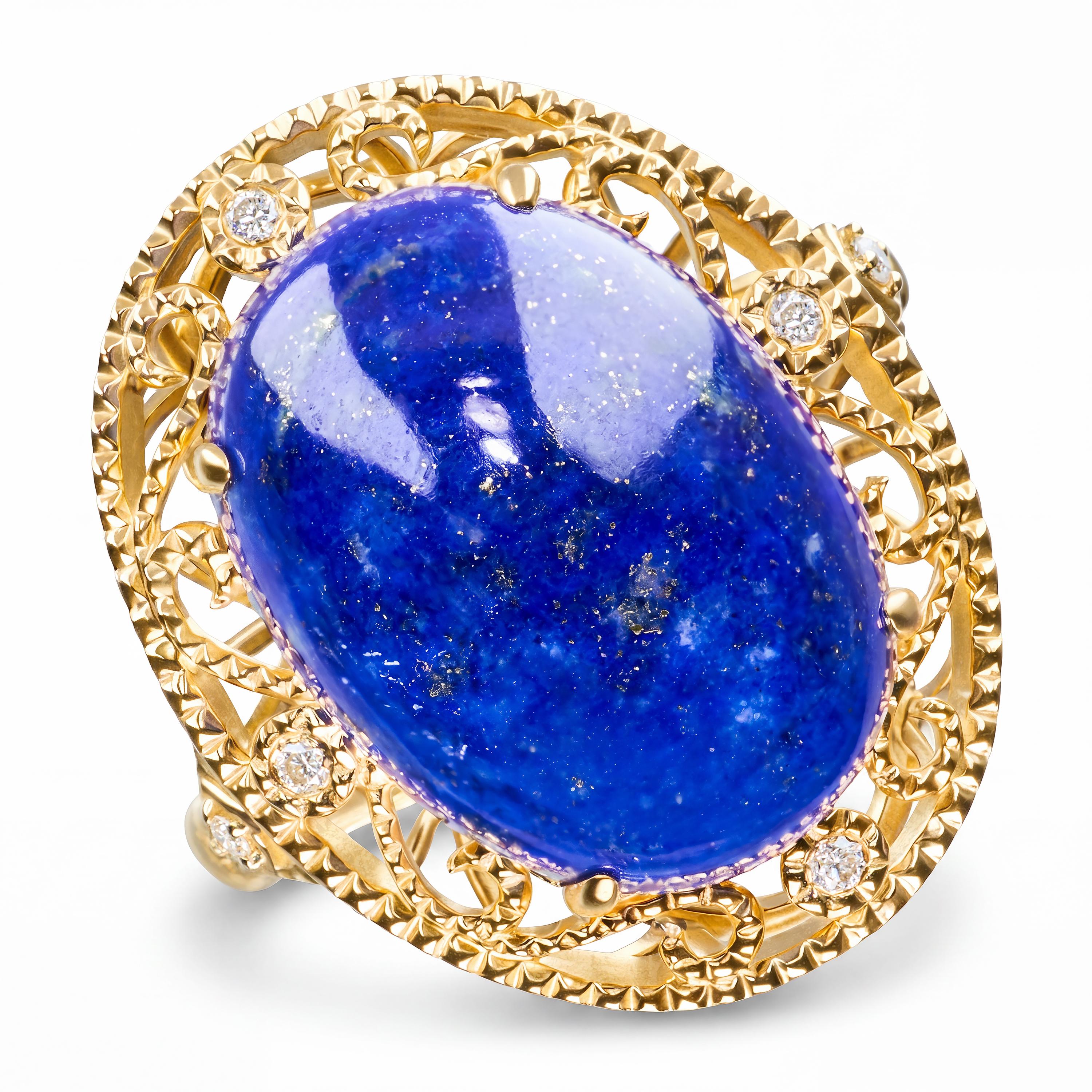 Vintage 14k Yellow Gold Lapis Lazuli Cabochon and Diamond Ornamental Ring