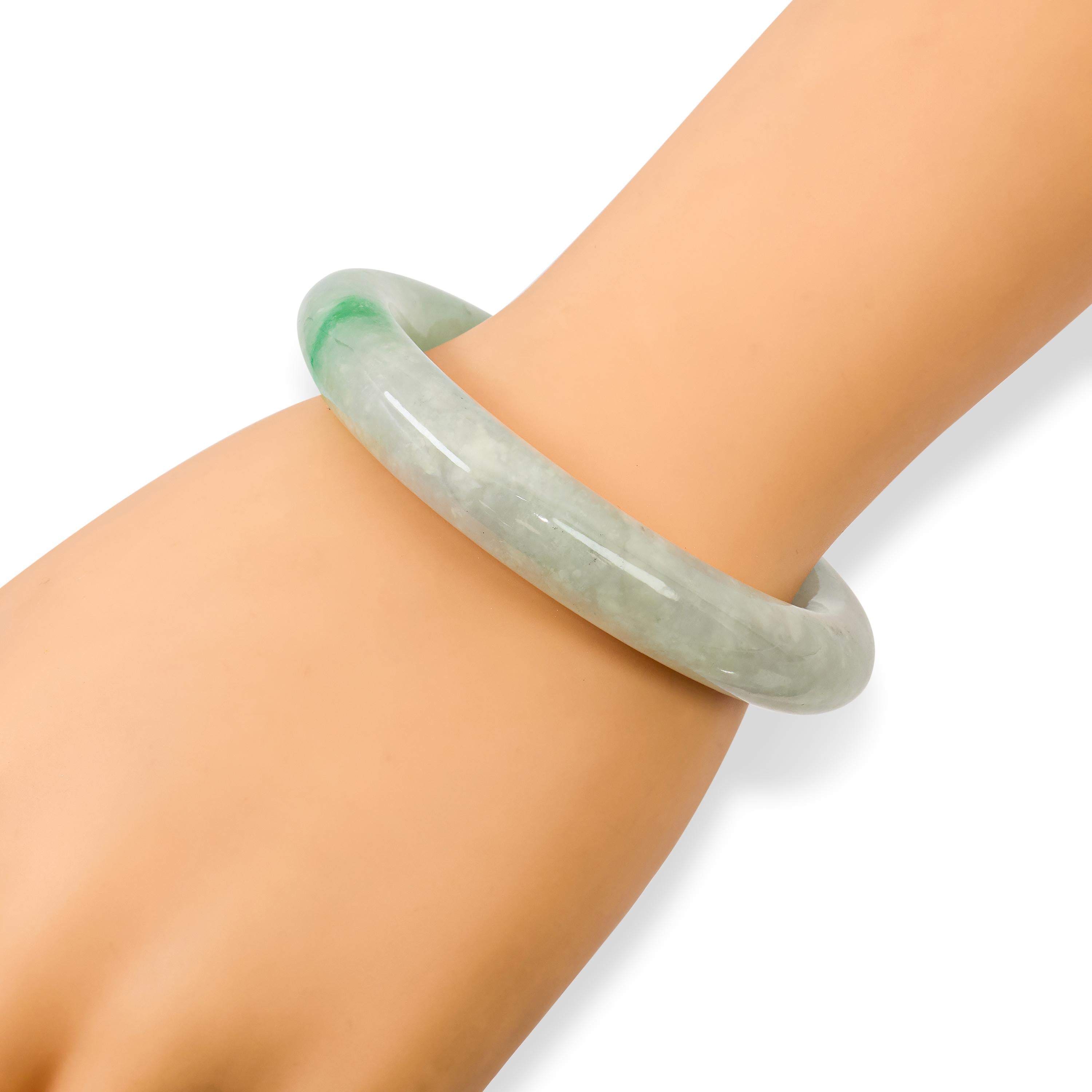 GIA Type B Jadeite Jade Variegated Green and Grey Bangle Bracelet