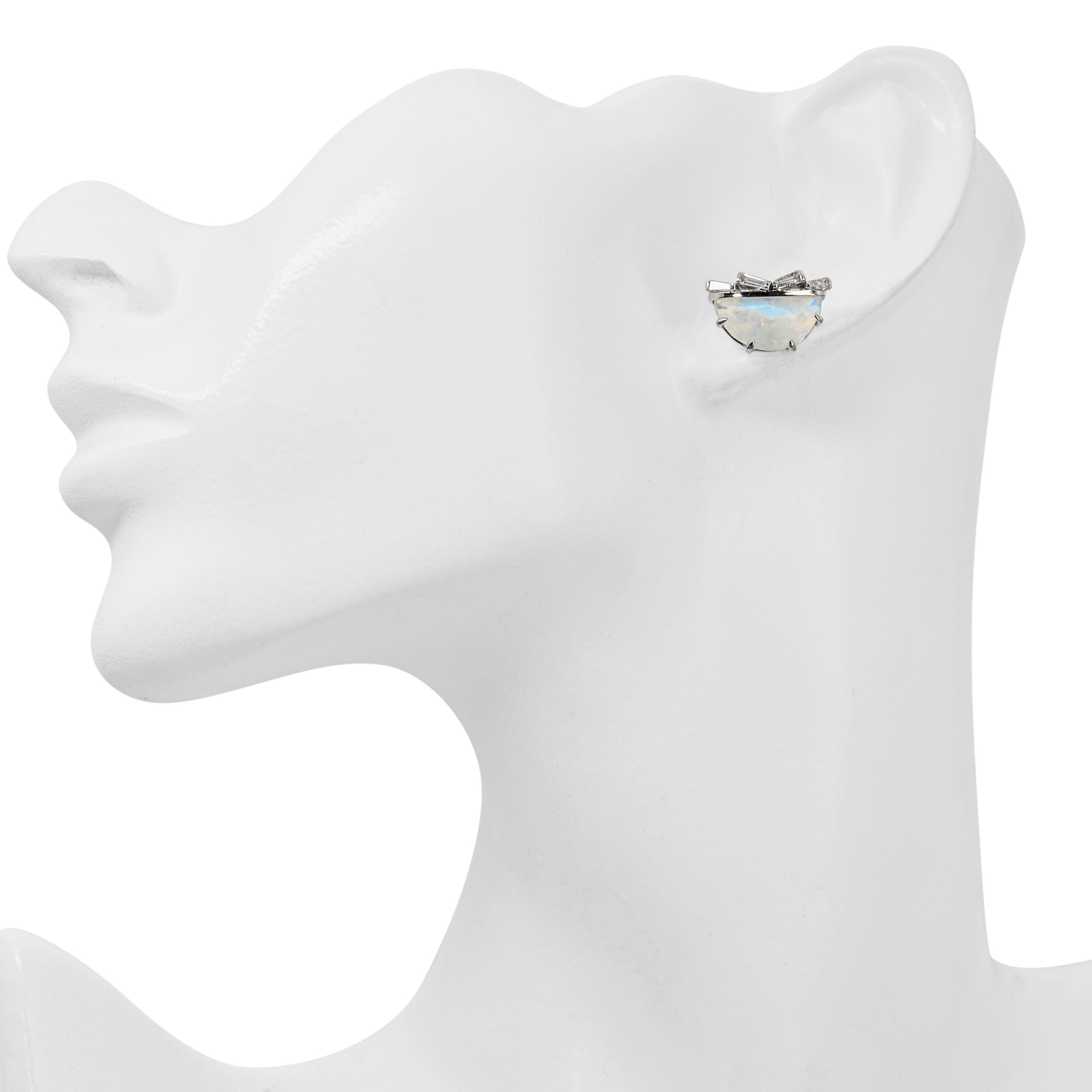 18k White Gold Rainbow Moonstone and Diamond Earrings