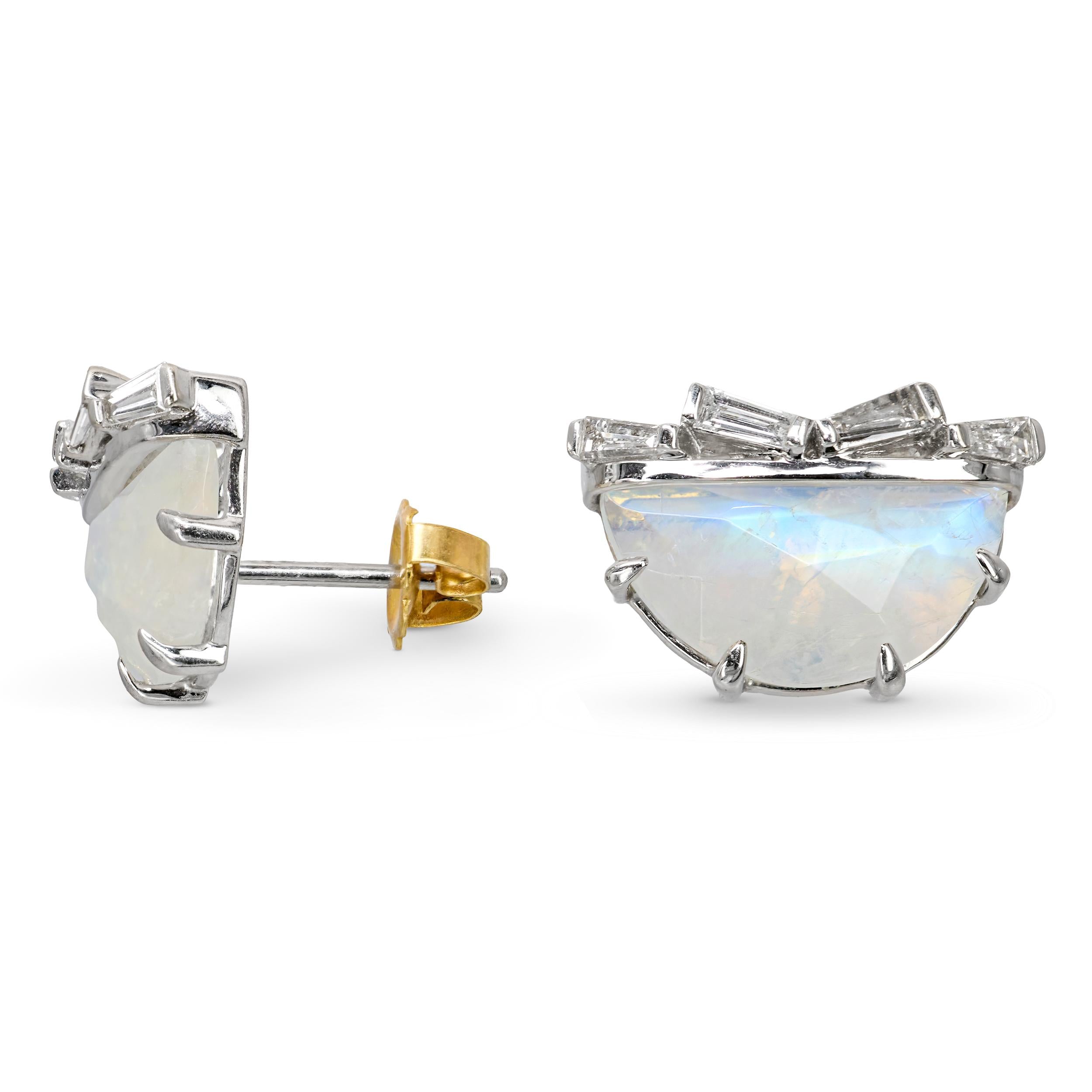 18k White Gold Rainbow Moonstone and Diamond Earrings