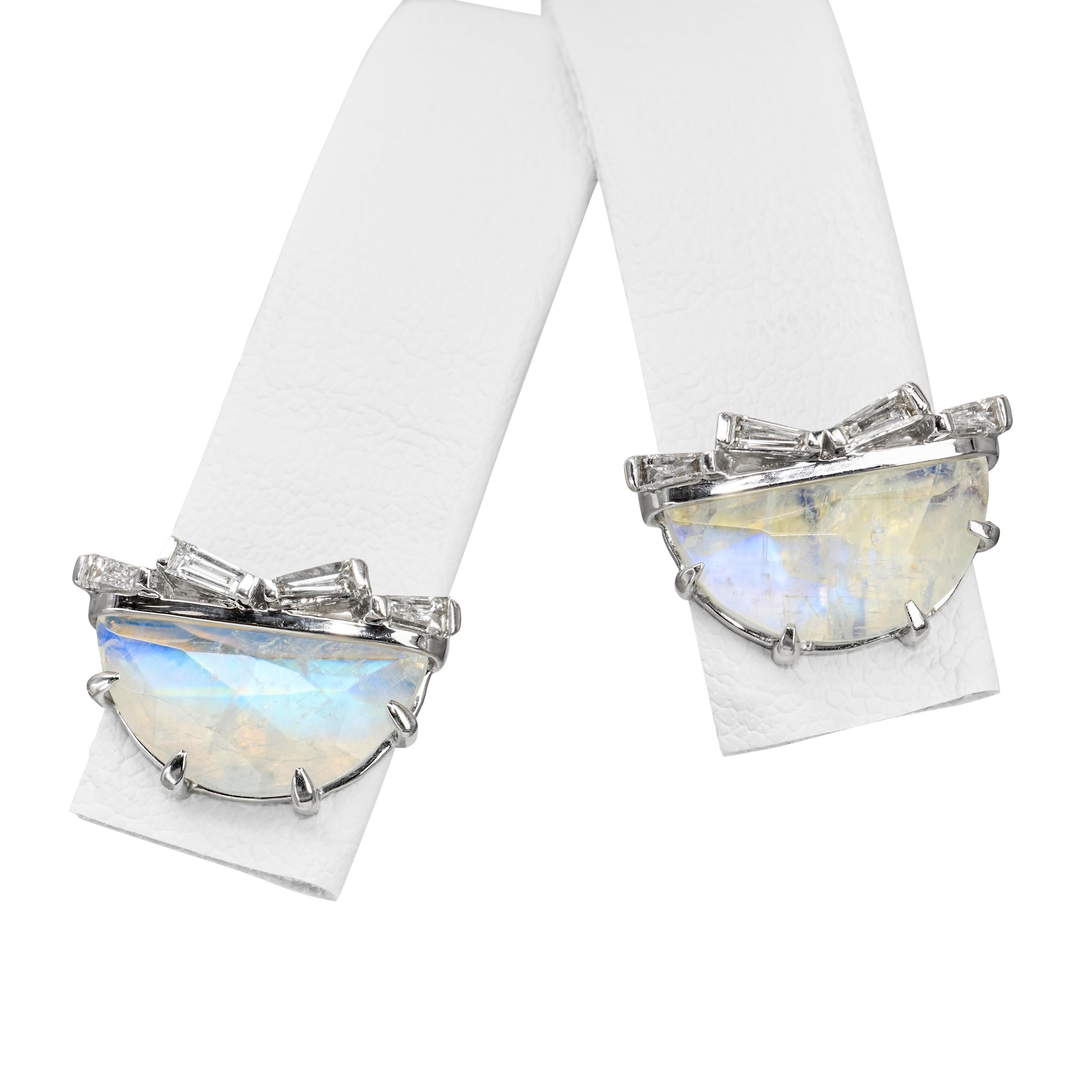18k White Gold Rainbow Moonstone and Diamond Earrings