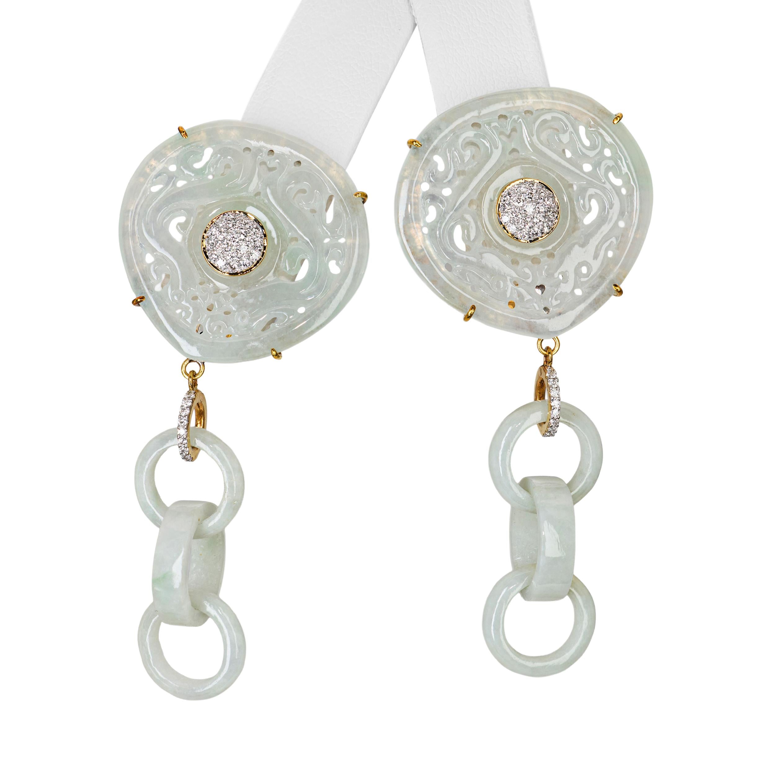 18k Yellow Gold Jadeite Jade and Diamond Dangle Earrings