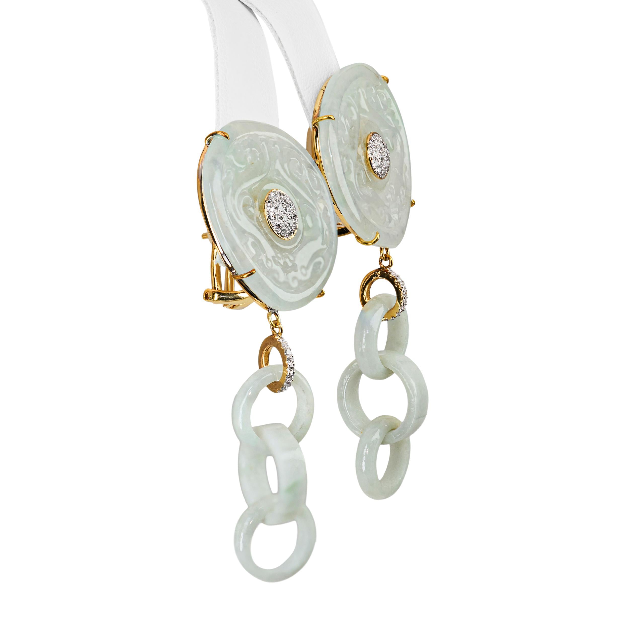 18k Yellow Gold Jadeite Jade and Diamond Dangle Earrings