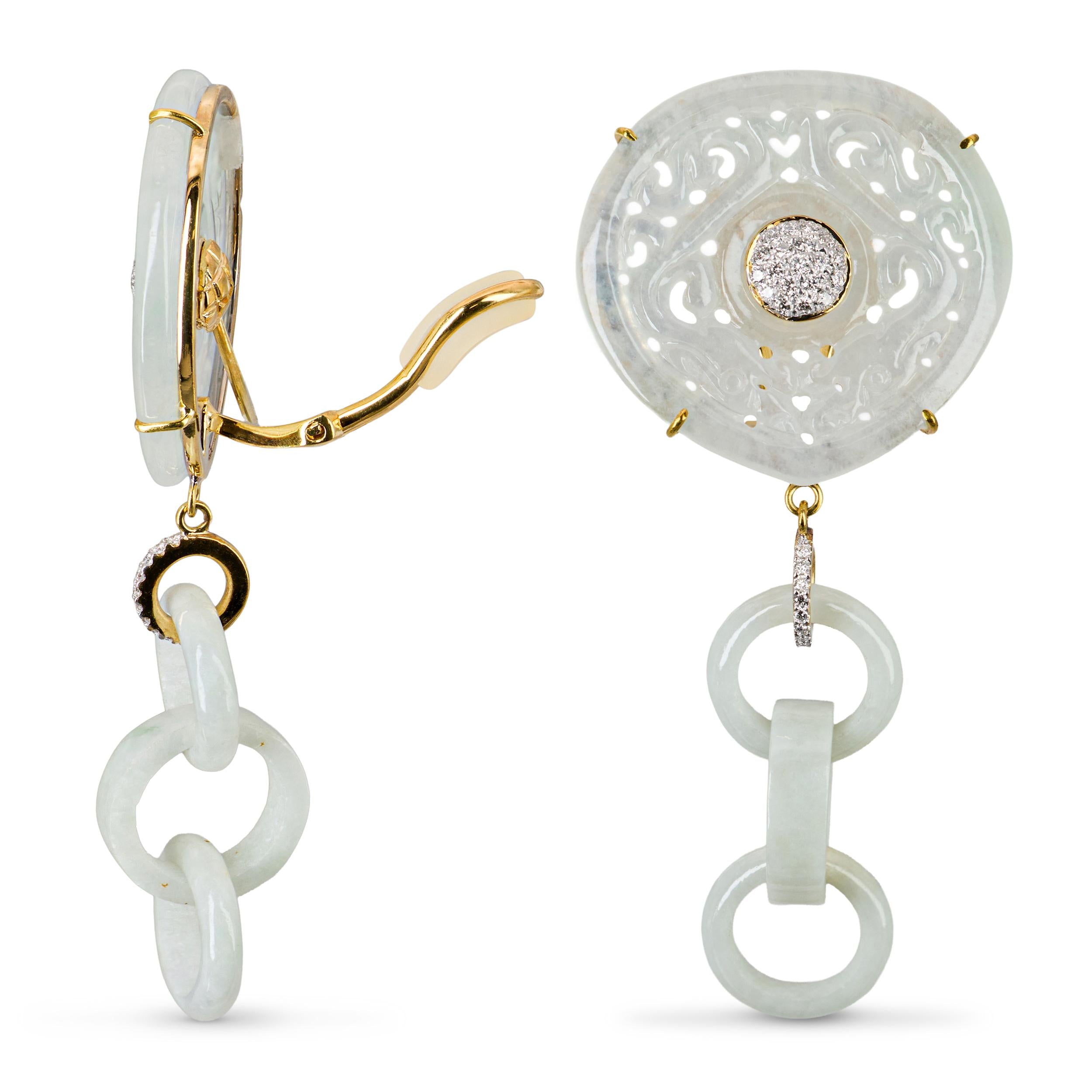 18k Yellow Gold Jadeite Jade and Diamond Dangle Earrings