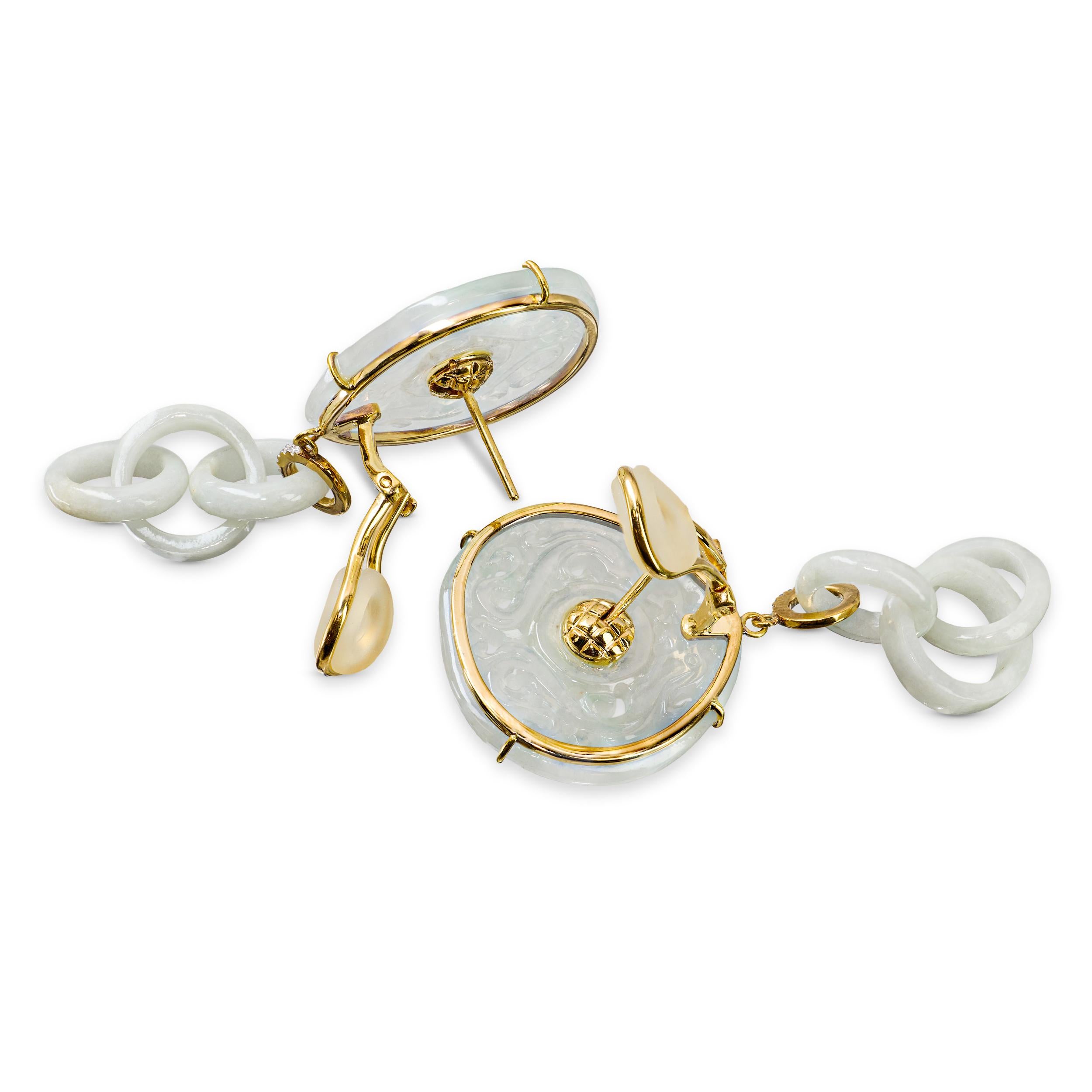 18k Yellow Gold Jadeite Jade and Diamond Dangle Earrings