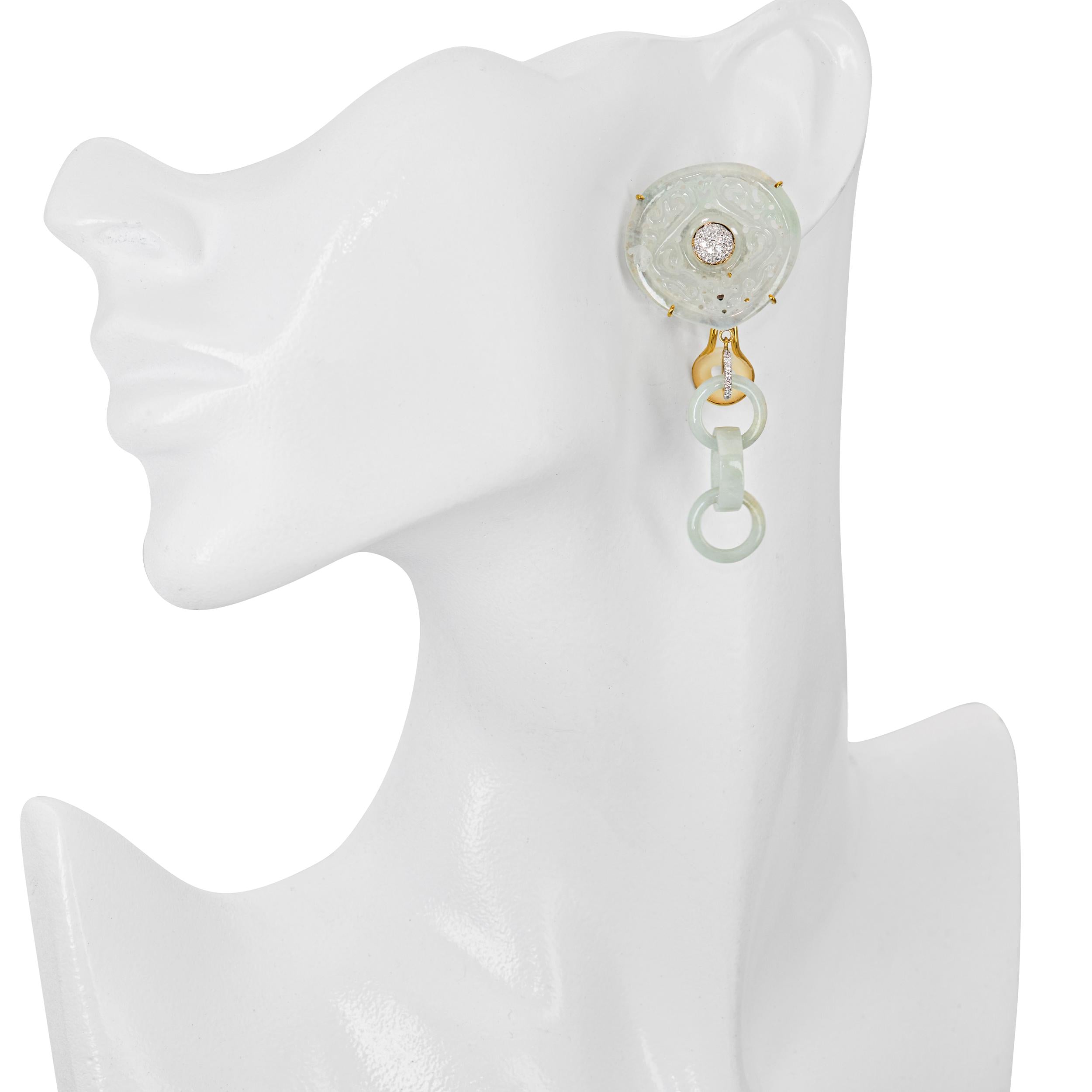 18k Yellow Gold Jadeite Jade and Diamond Dangle Earrings