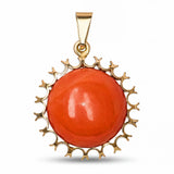 Vintage Victorian Revival 14k Yellow Gold Red Coral Sunburst Pendant