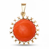 Vintage Victorian Revival 14k Yellow Gold Red Coral Sunburst Pendant