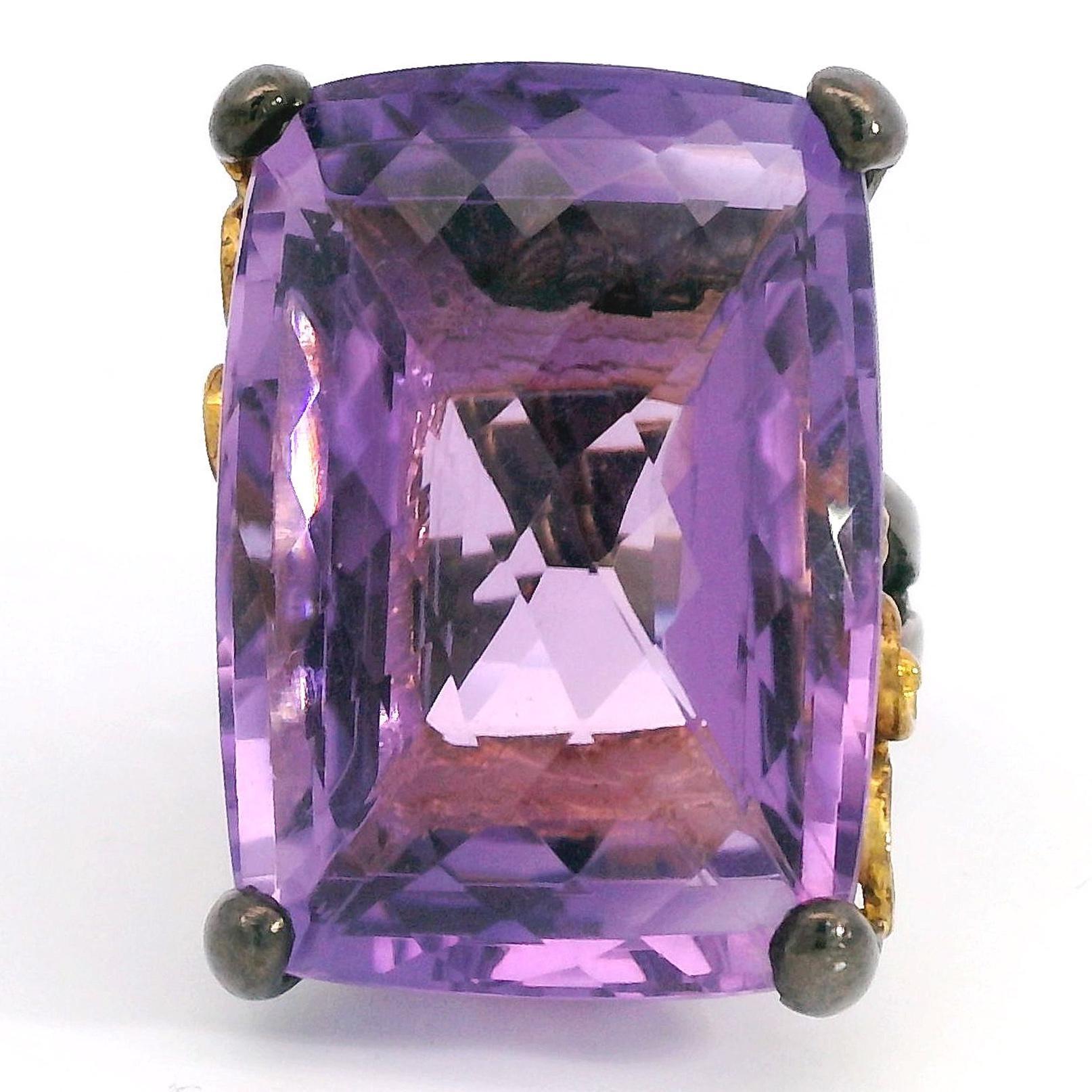 Two Tone Sterling Silver Amethyst Cocktail Ring