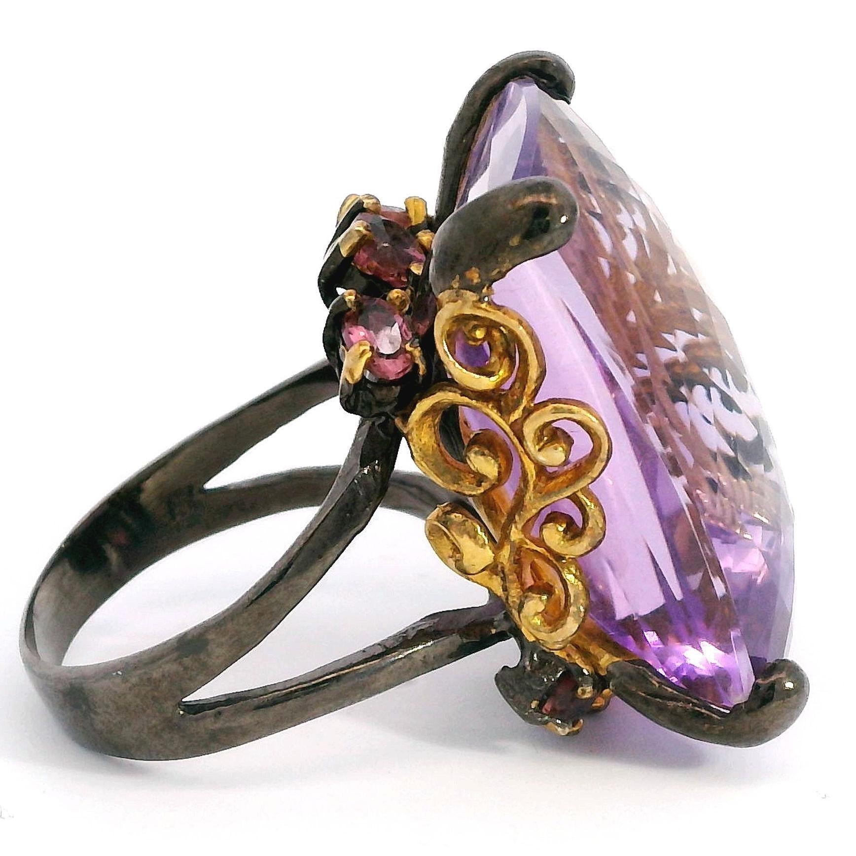 Two Tone Sterling Silver Amethyst Cocktail Ring