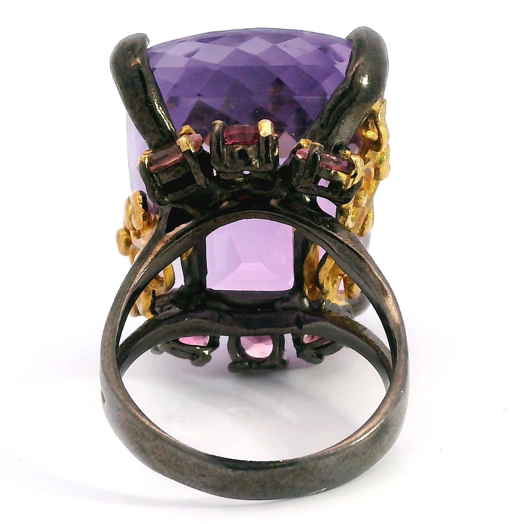 Two Tone Sterling Silver Amethyst Cocktail Ring