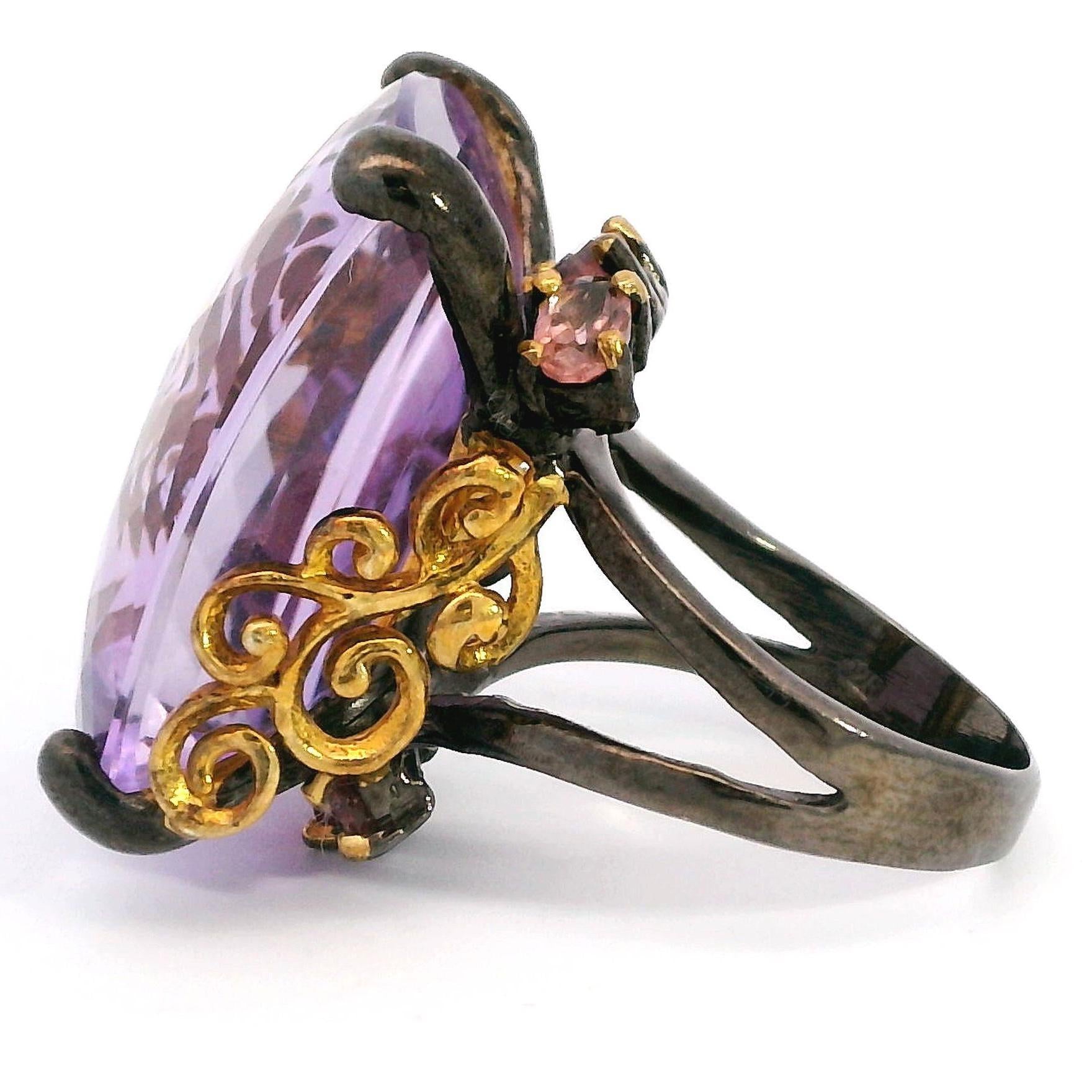 Two Tone Sterling Silver Amethyst Cocktail Ring