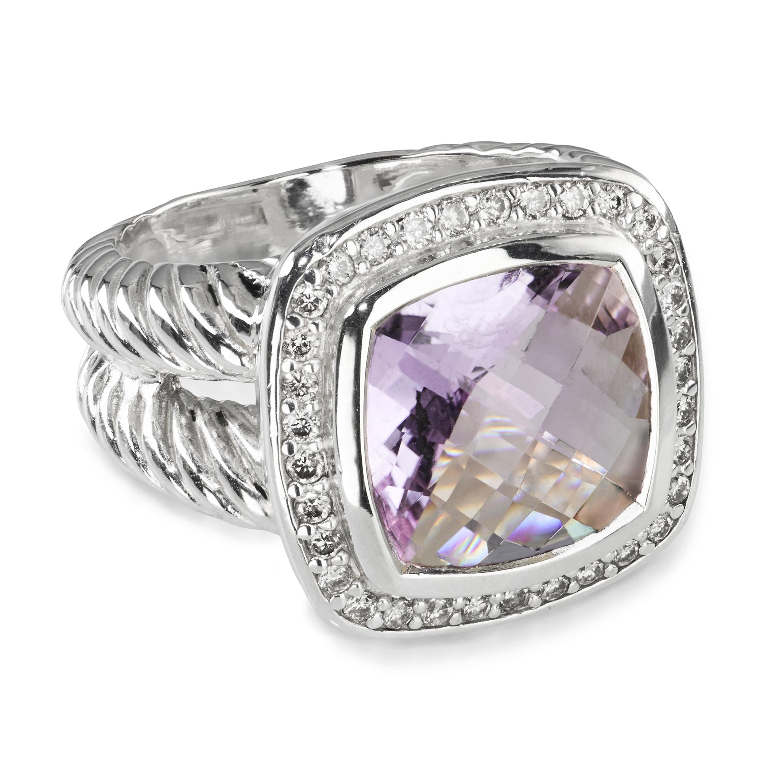 David Yurman Sterling Silver Amethyst & Diamond Cable Ring