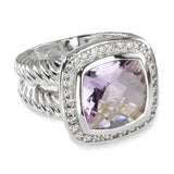 David Yurman Sterling Silver Amethyst & Diamond Cable Ring