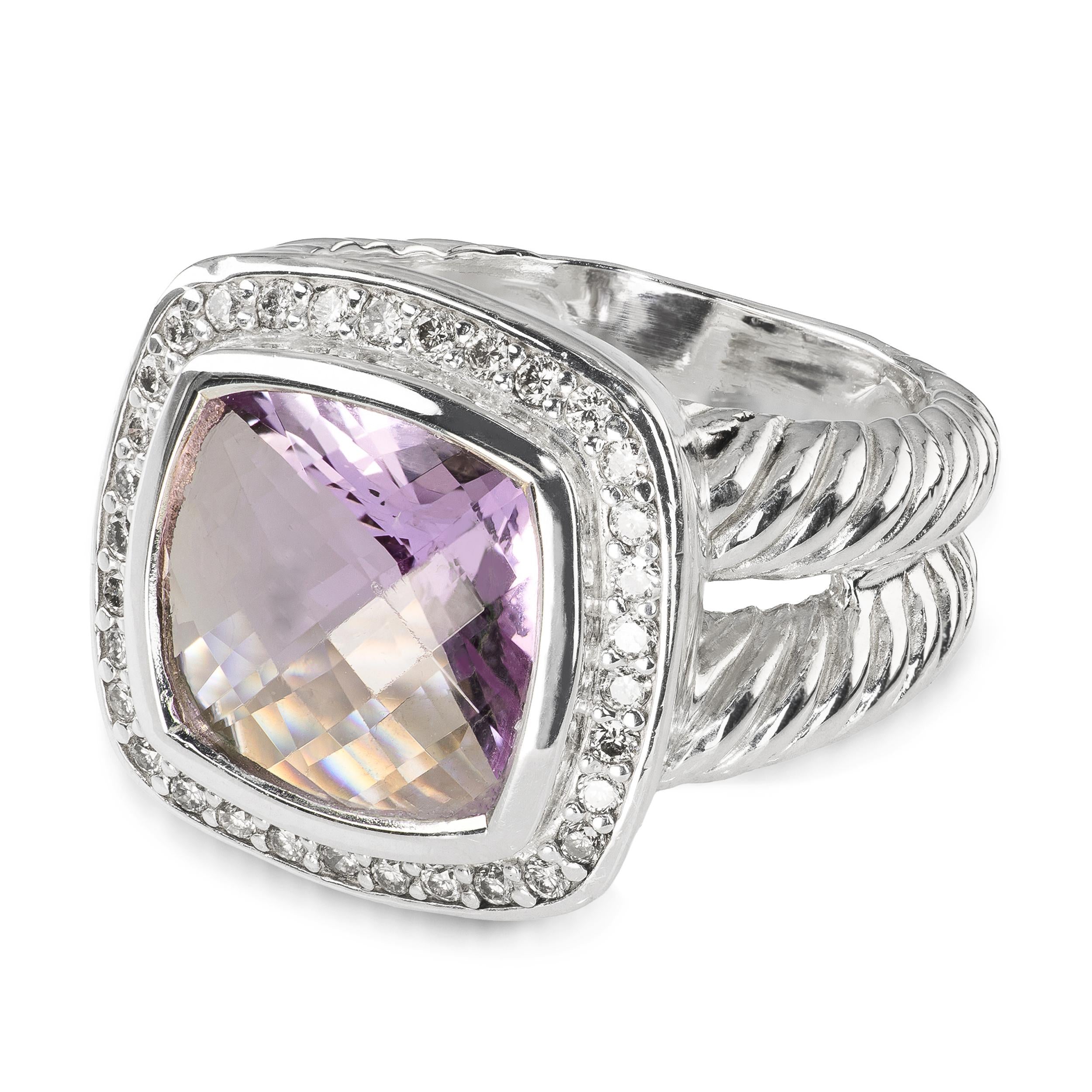 David Yurman Sterling Silver Amethyst & Diamond Cable Ring