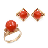 Vintage Yellow Gold Red Coral Ring & Earrings Set