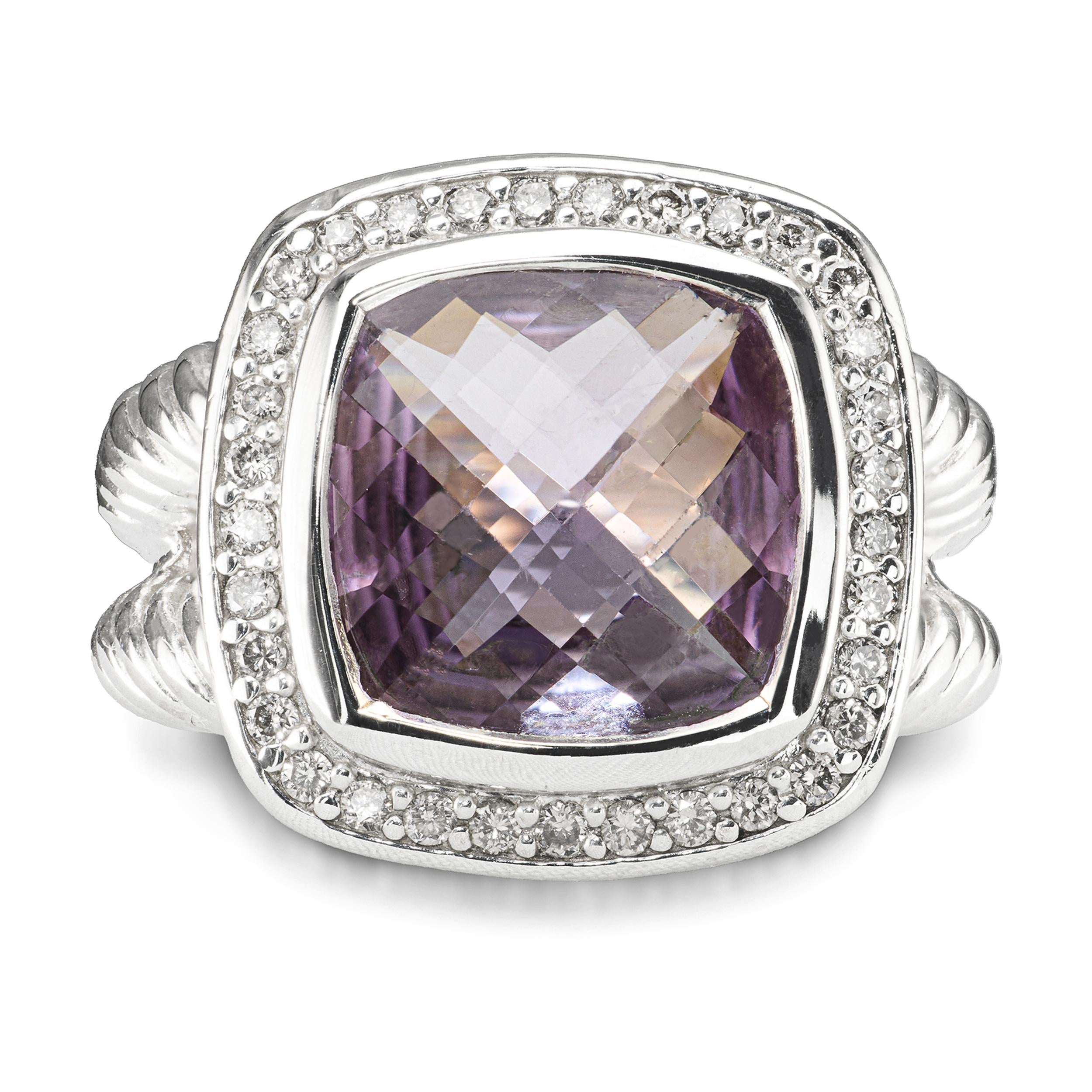 David Yurman Sterling Silver Amethyst & Diamond Cable Ring