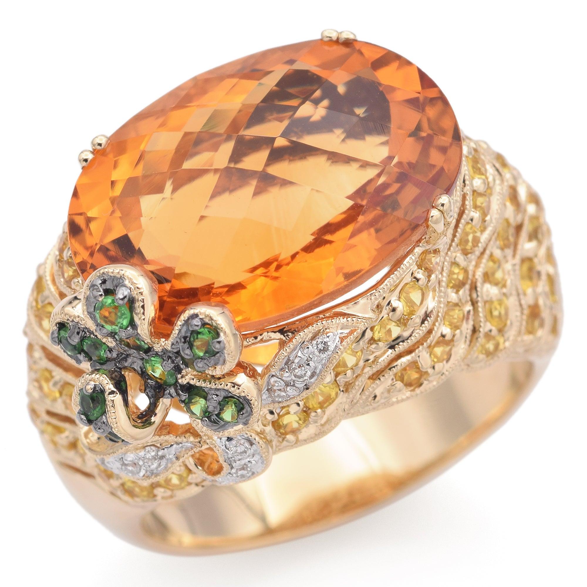 14K Yellow Gold 11 Ct Citrine, Topaz, Garnet, Diamond Oval Band Ring