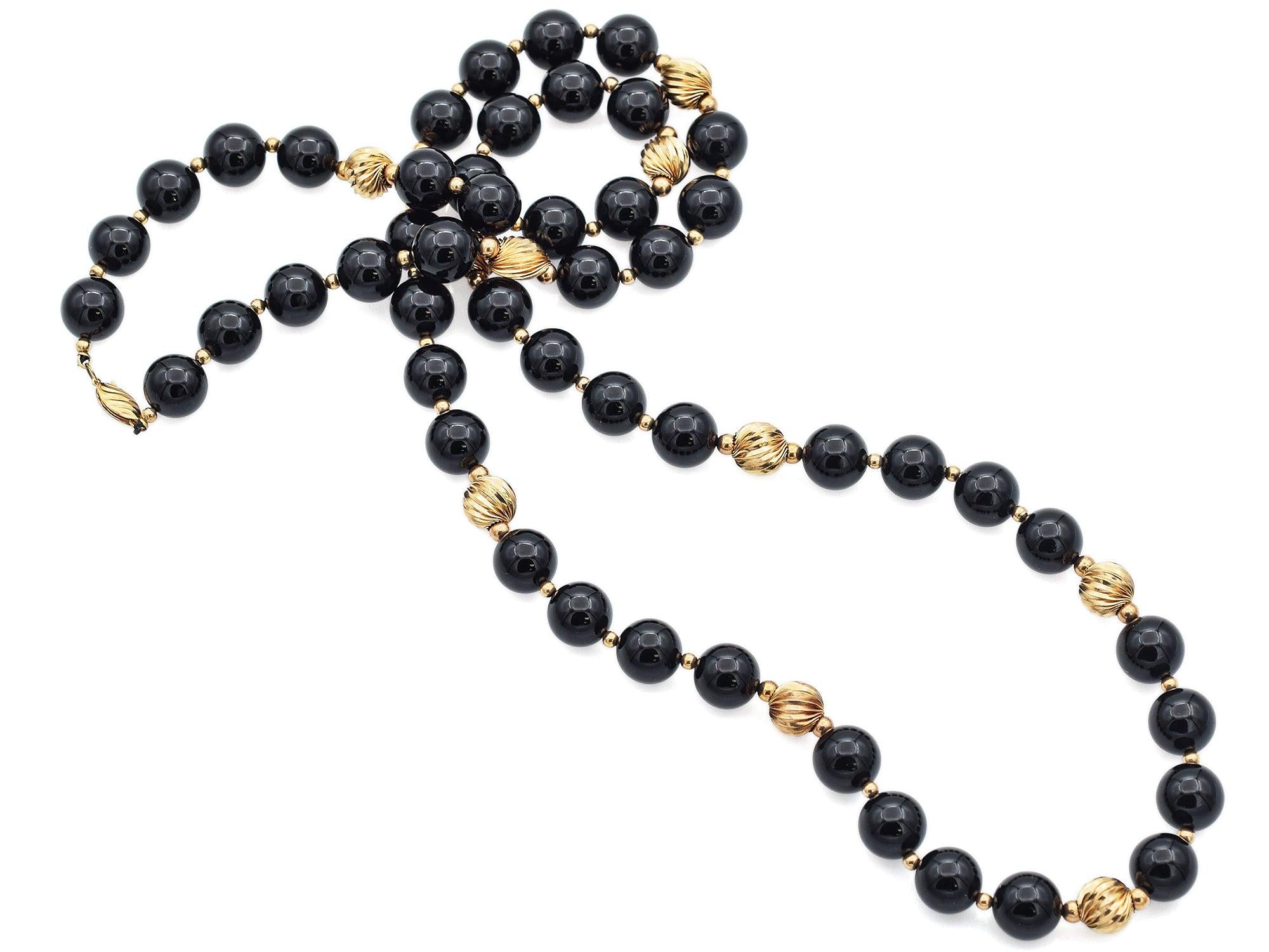 Vintage 14k Yellow Gold Black Onyx Beaded Strand Necklace 35 Inches