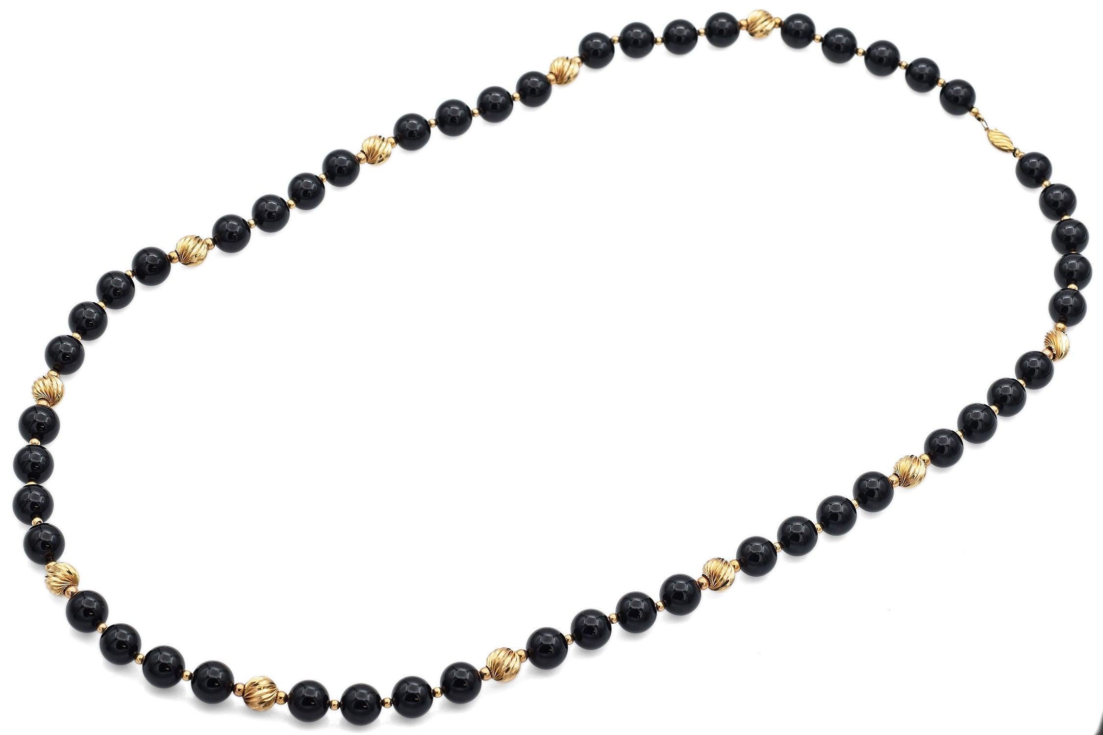 Vintage 14k Yellow Gold Black Onyx Beaded Strand Necklace 35 Inches
