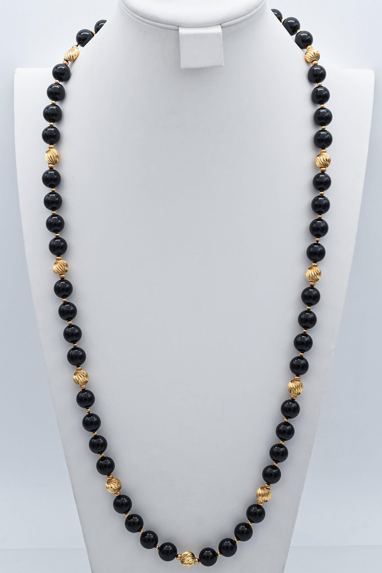 Vintage 14k Yellow Gold Black Onyx Beaded Strand Necklace 35 Inches