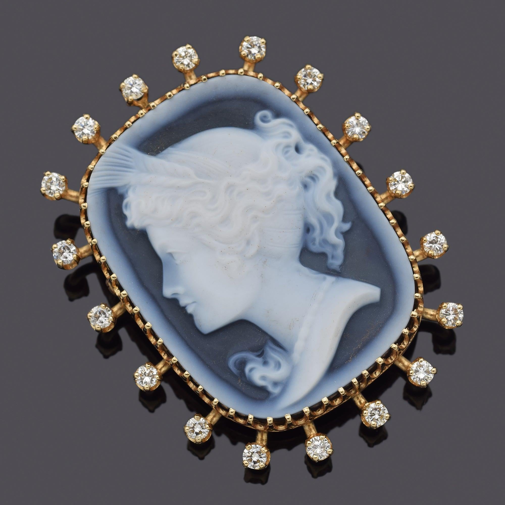 Vintage 14K Yellow Gold Blue Agate Cameo & Diamond Large Brooch Pin Pendant