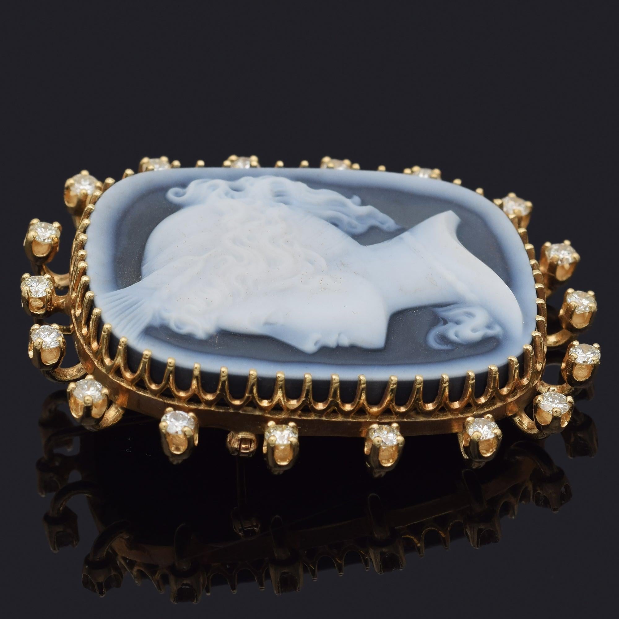 Vintage 14K Yellow Gold Blue Agate Cameo & Diamond Large Brooch Pin Pendant