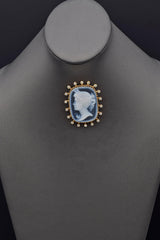 Vintage 14K Yellow Gold Blue Agate Cameo & Diamond Large Brooch Pin Pendant