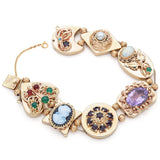 Vintage 14K Yellow Gold Multi-Gemstone Slide Charm Bracelet with Box Receipt