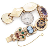 Vintage 14K Yellow Gold Multi-Gemstone Slide Charm Bracelet with Box Receipt