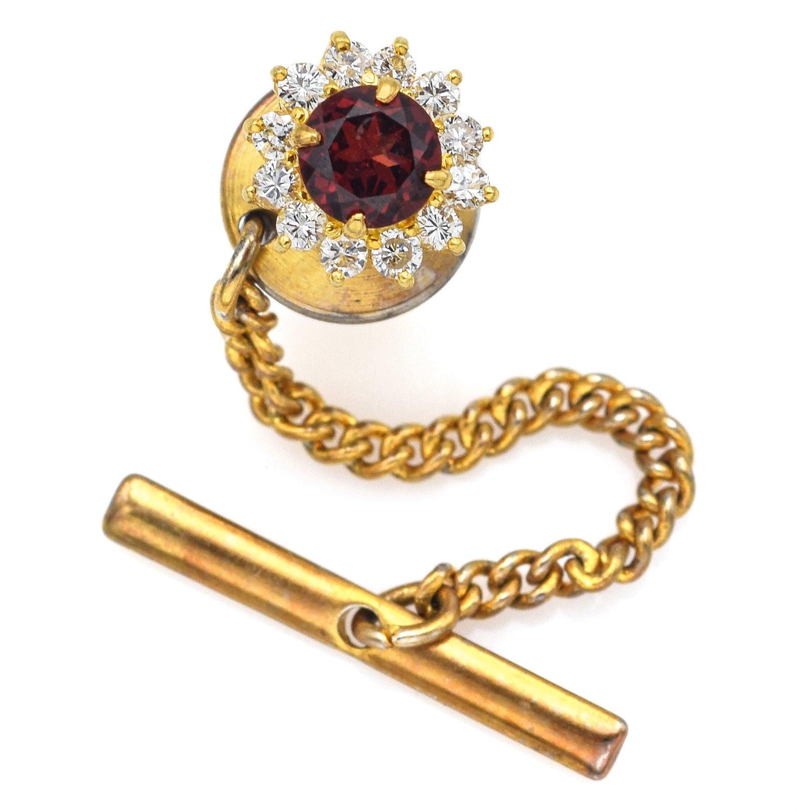Vintage 18K Yellow Gold 0.24tcw Diamond & Garnet Lapel Pin Tie Tack