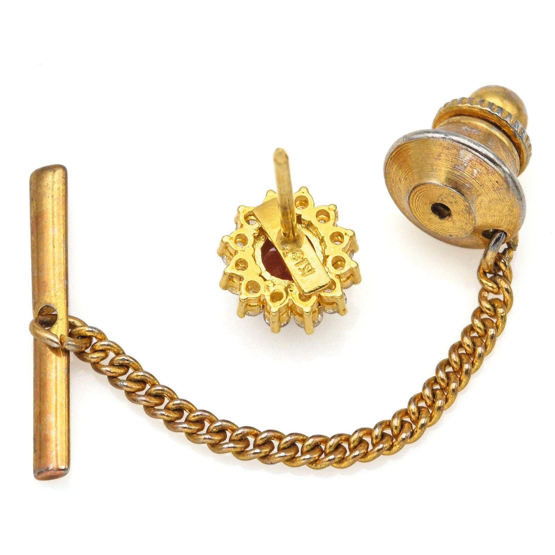 Vintage 18K Yellow Gold 0.24tcw Diamond & Garnet Lapel Pin Tie Tack