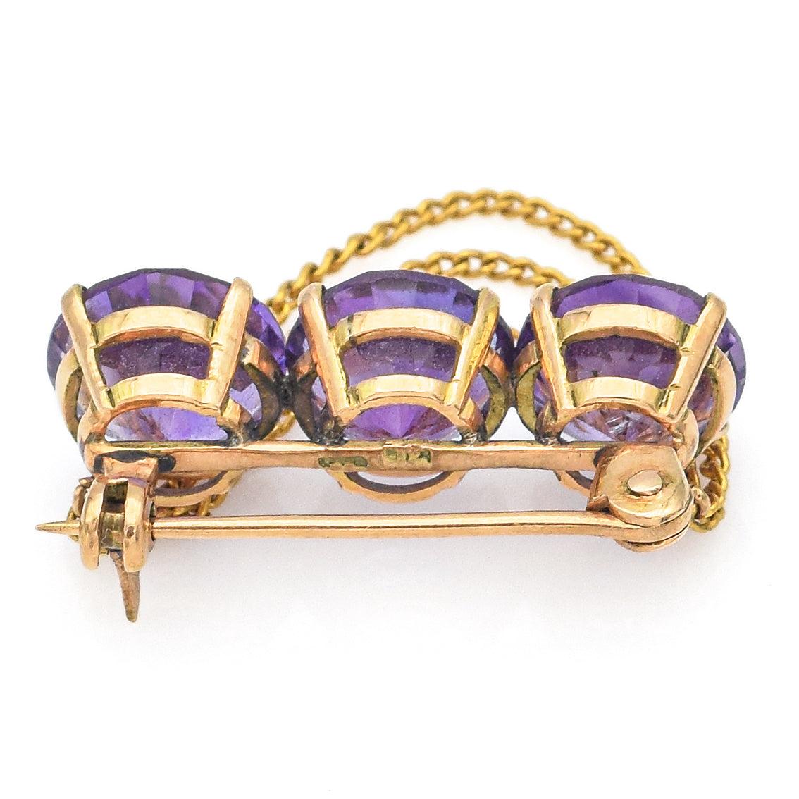 Vintage 18K Yellow Gold Amethyst Three-Stone Brooch Pin