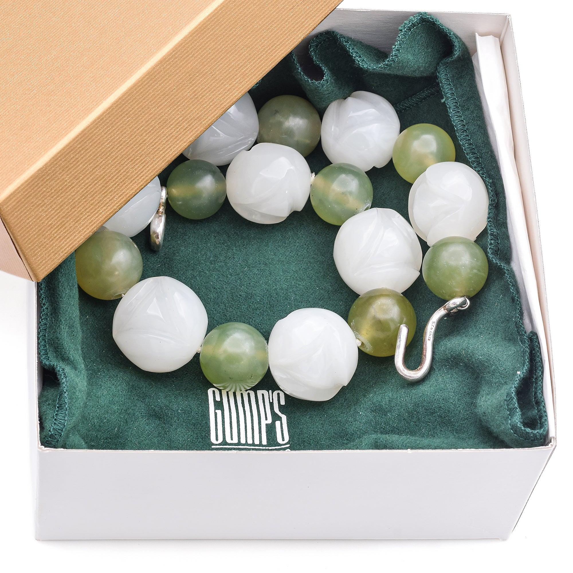 Vintage Alice Kuo for Gump’s Sterling Silver Carved Jade Bead Necklace