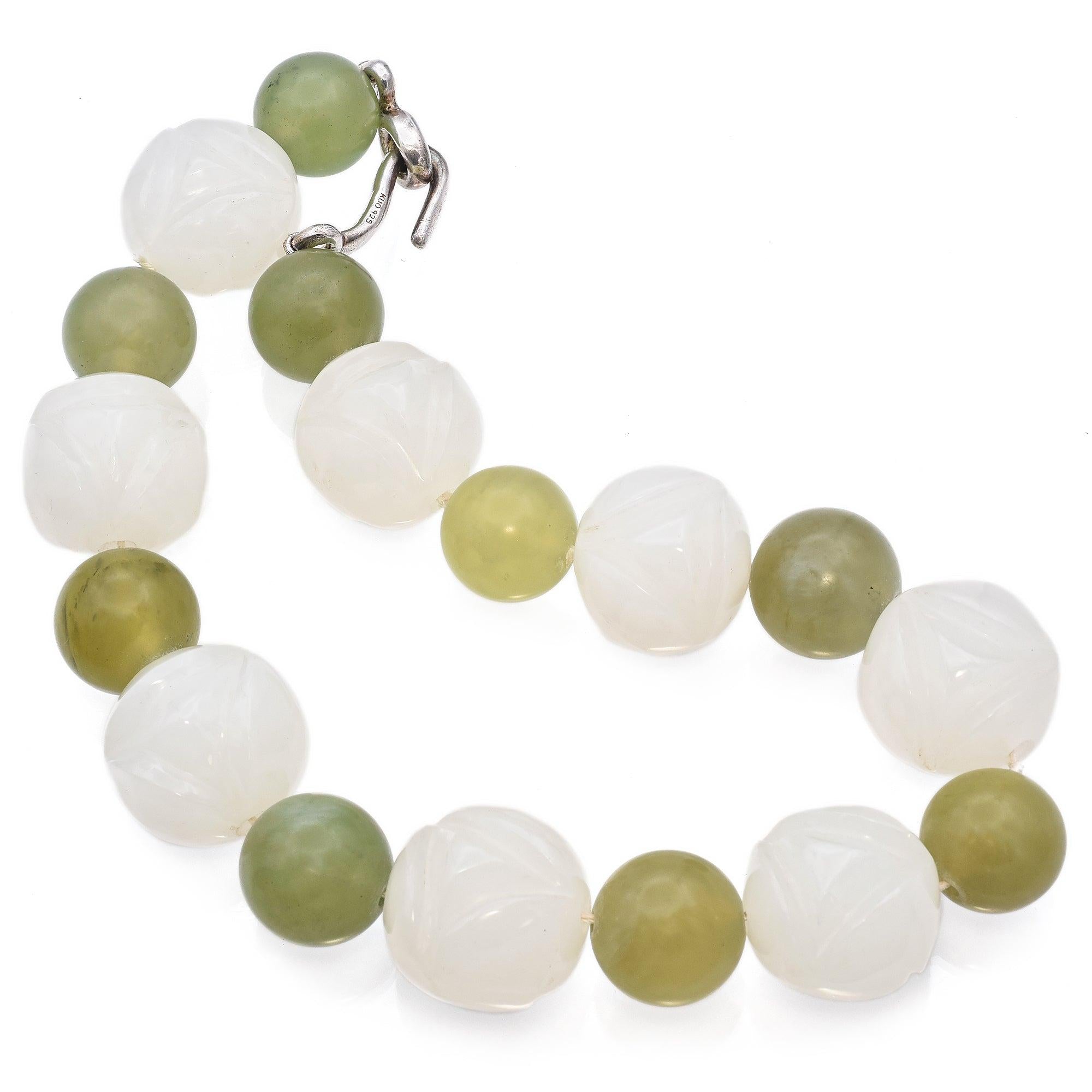 Vintage Alice Kuo for Gump’s Sterling Silver Carved Jade Bead Necklace