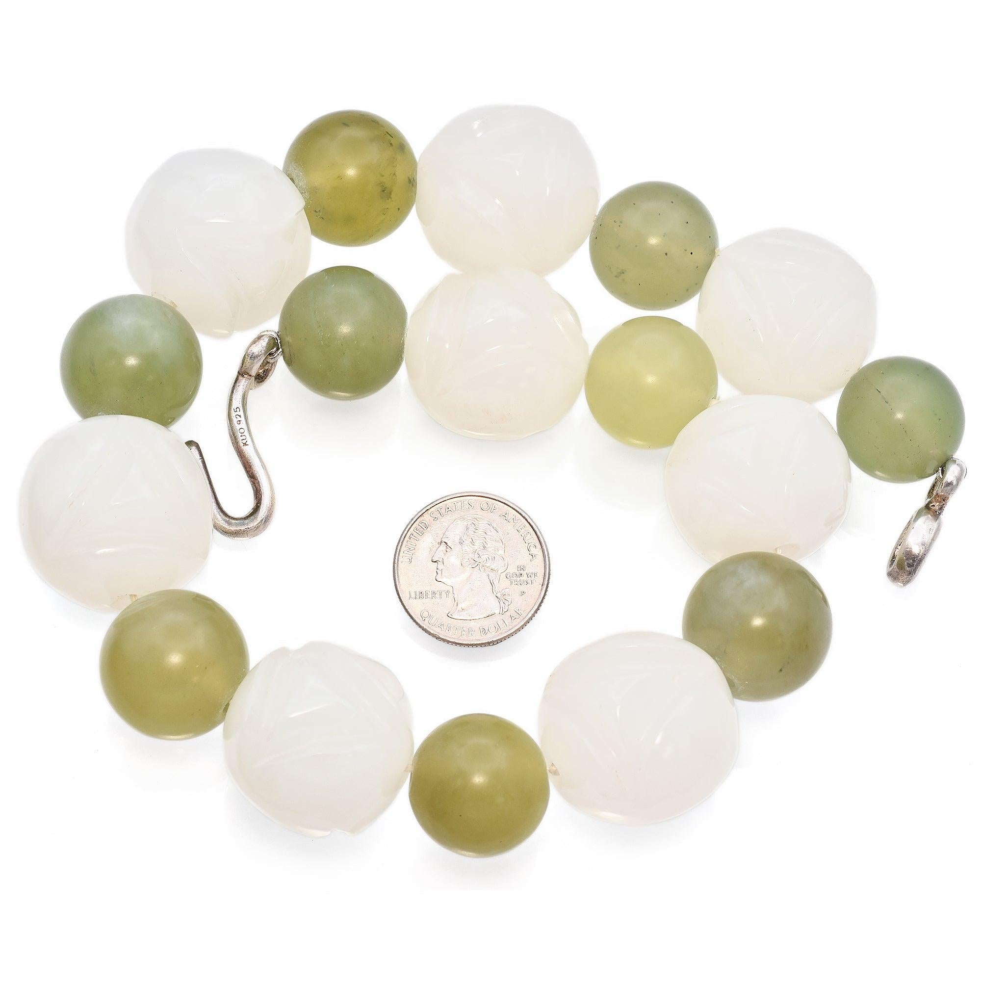 Vintage Alice Kuo for Gump’s Sterling Silver Carved Jade Bead Necklace