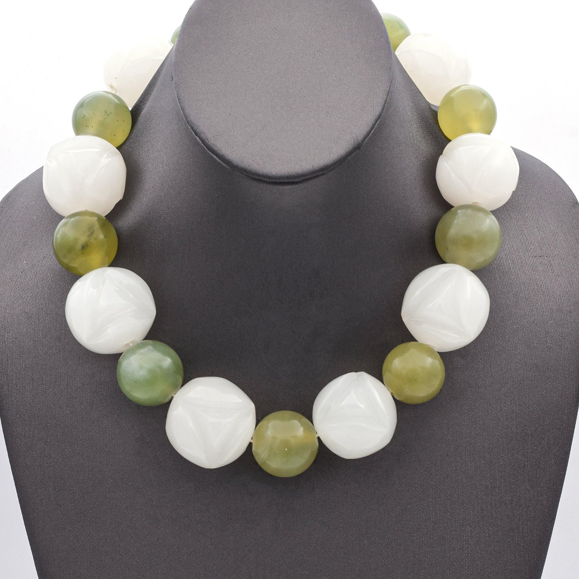 Vintage Alice Kuo for Gump’s Sterling Silver Carved Jade Bead Necklace