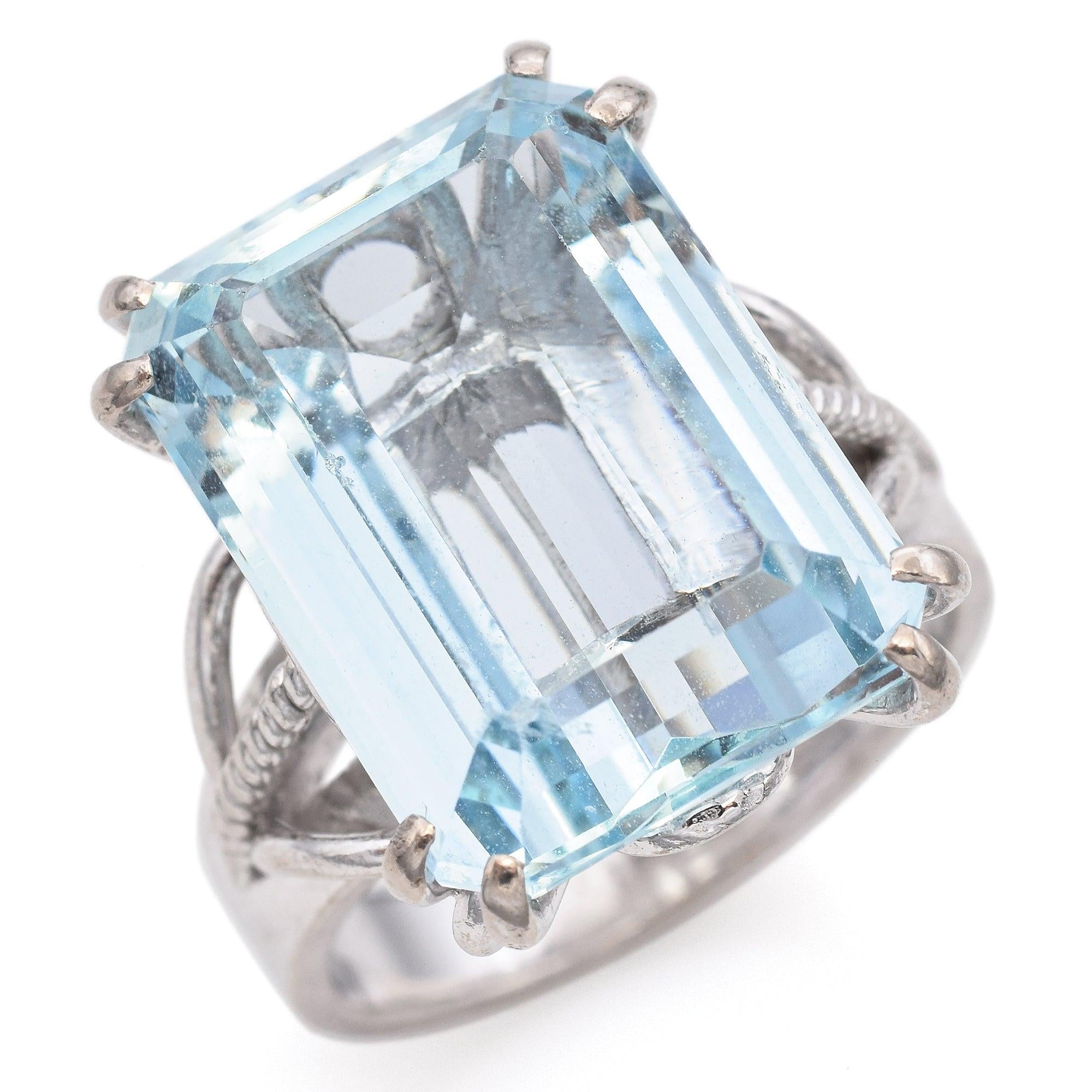 Vintage Gold Palladium Silver Alloy 12.3ct Aquamarine Emerald Cut Cocktail Ring
